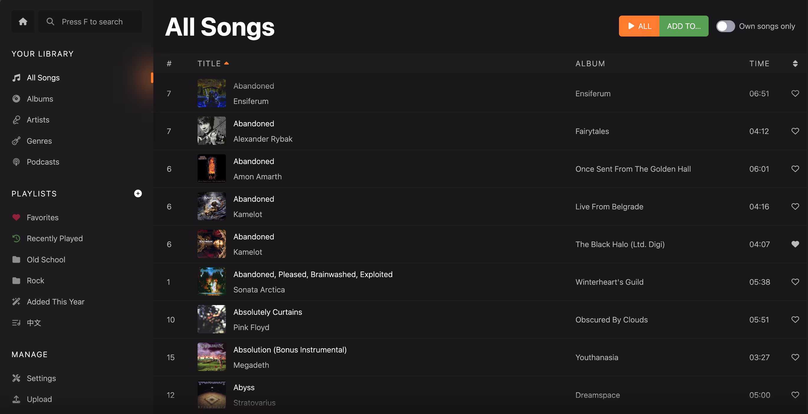 All Songs screen