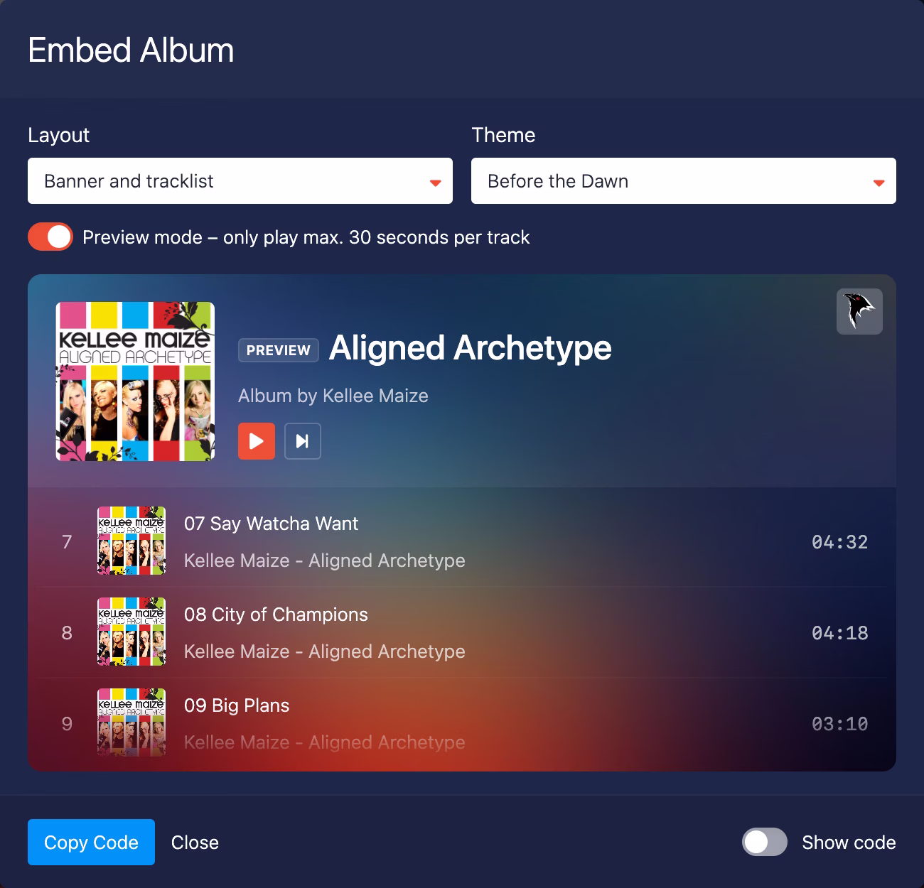 Create Embed dialog in Koel Plus
