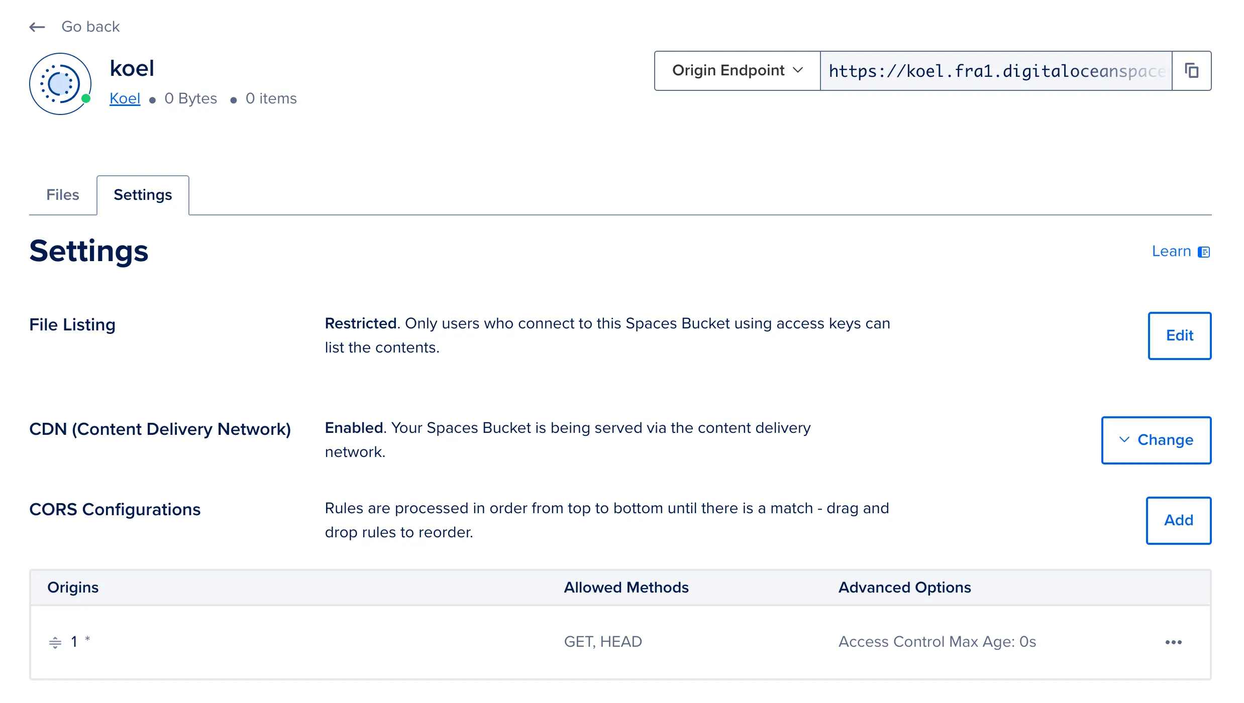 DO Spaces bucket settings