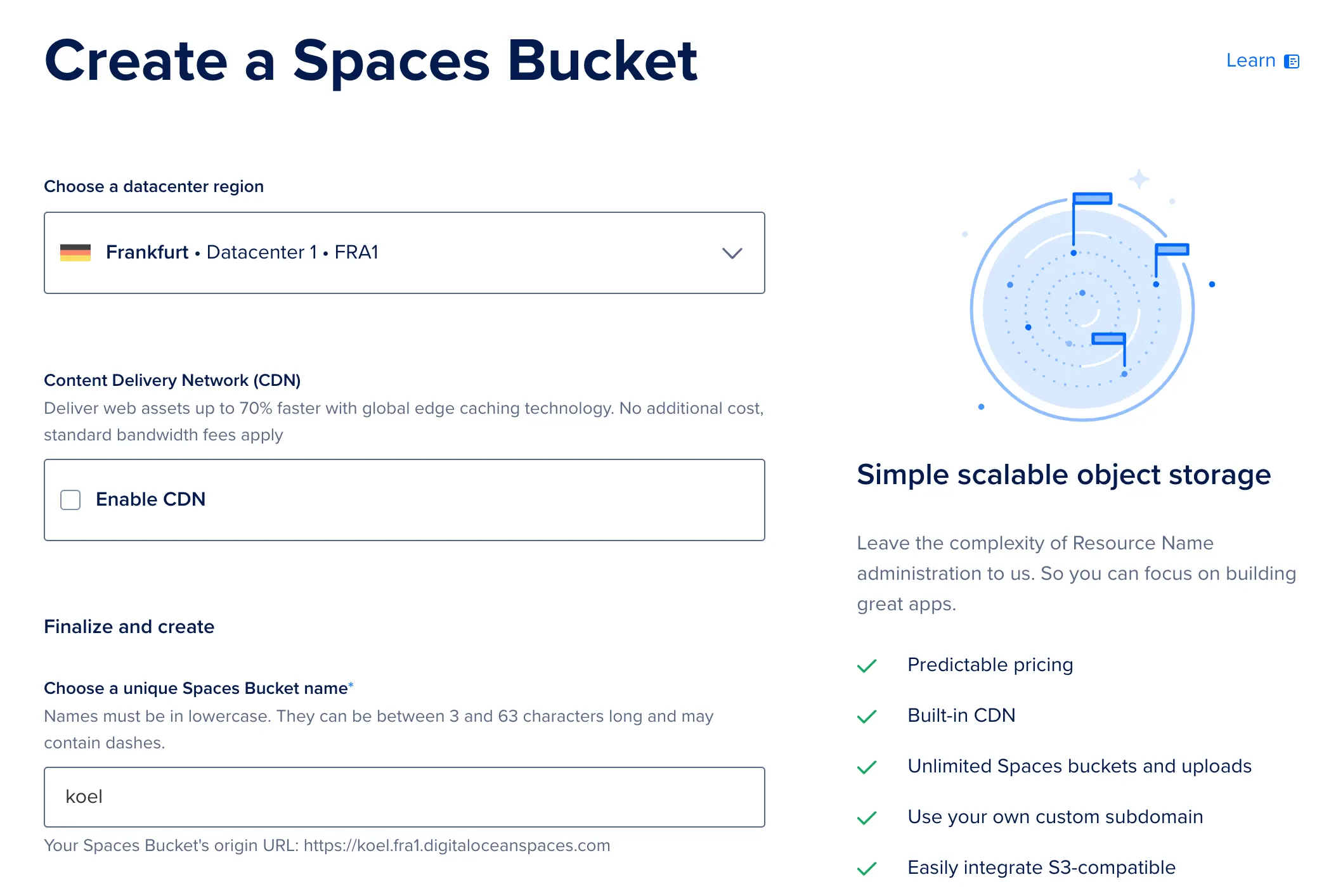 Create DO Spaces bucket screen