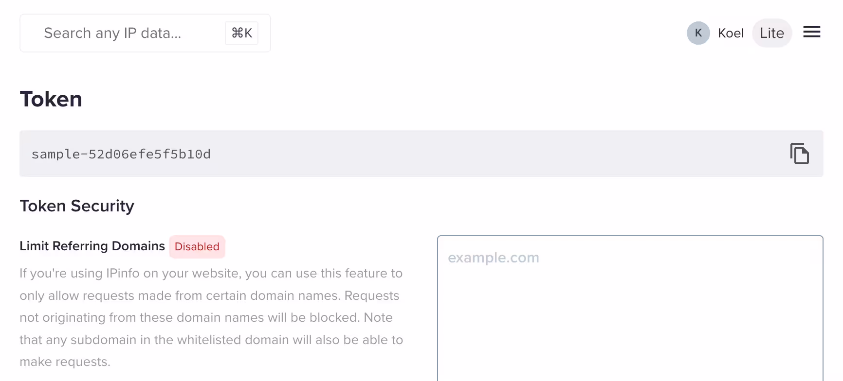IPinfo API Token screen